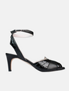 black mid height toeless sandal with ankle strap and matt and mock-croc leather ankle strap