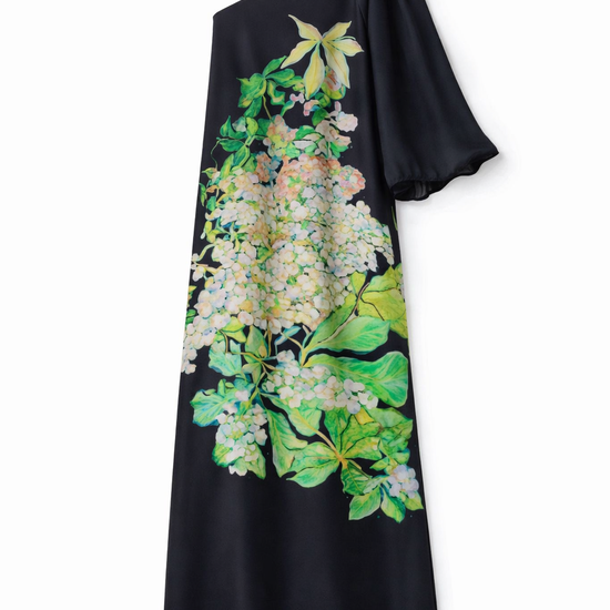 Black silk one-shoulder dress with floral design on a white background