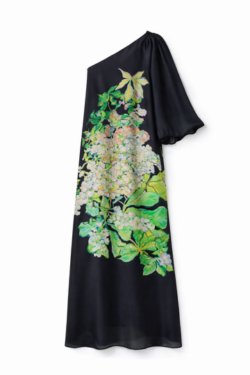 Black silk one-shoulder dress with floral design on a white background