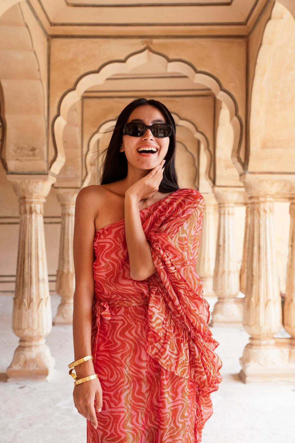 One shoulder ruffle pink and red maxi dress with self tie belt and gold metallic fibres