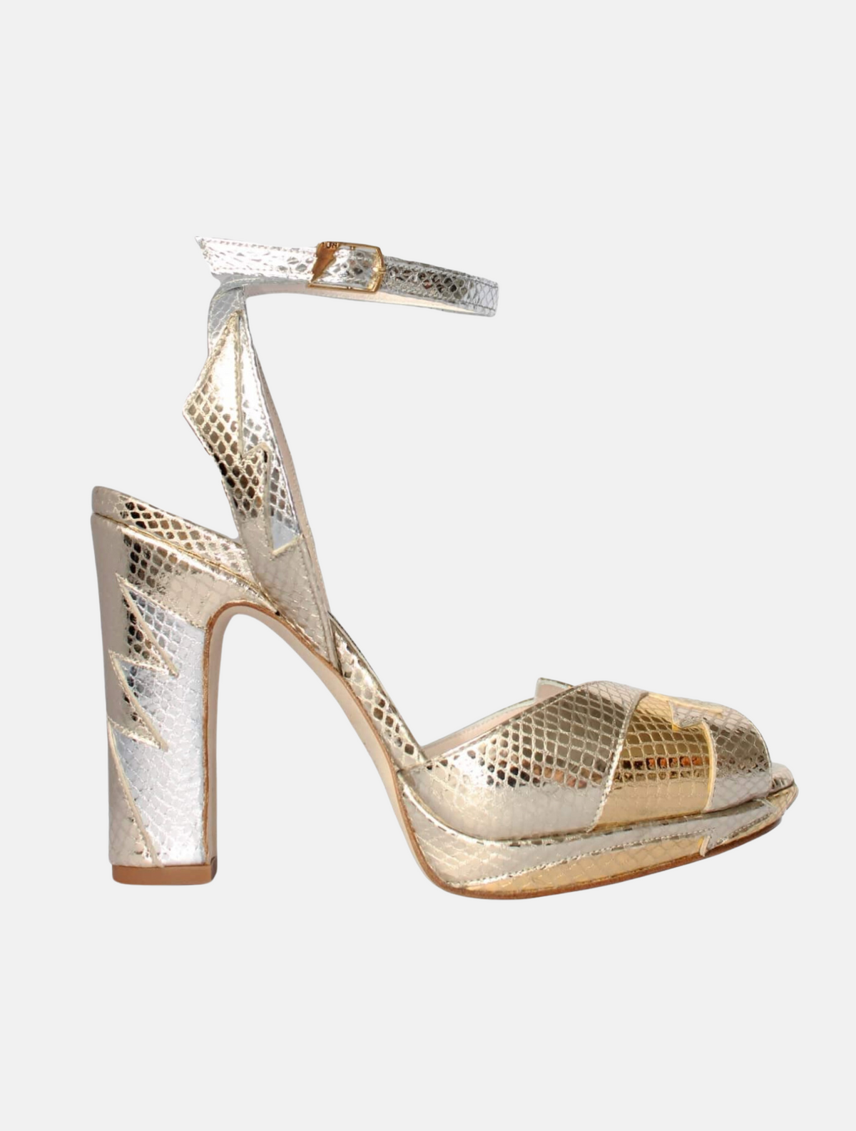 Silver and gold mock-snake platform toeless sandals with ankle strap and block heel