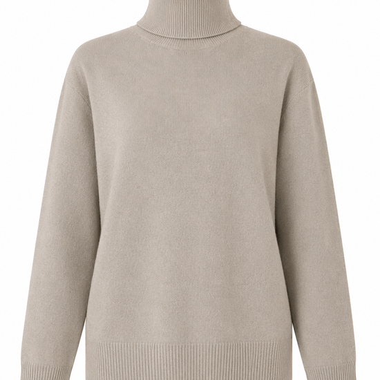A light beige turtleneck sweater with long sleeves and ribbed cuffs and hem, shown on a plain white background.