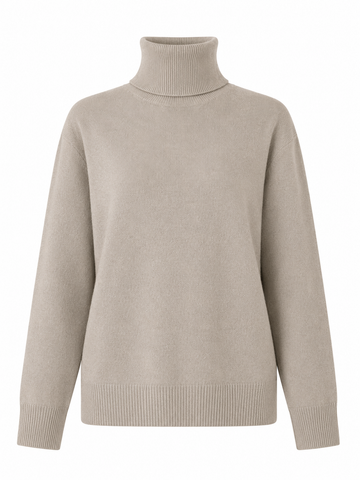 A light beige turtleneck sweater with long sleeves and ribbed cuffs and hem, shown on a plain white background.