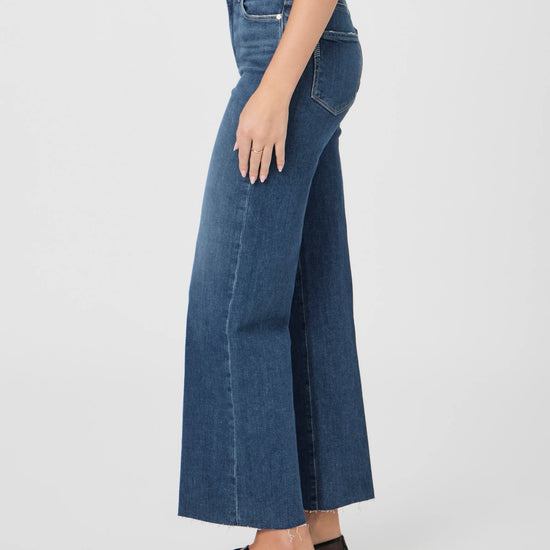 dark aged wash wide leg raw hem jeans side view