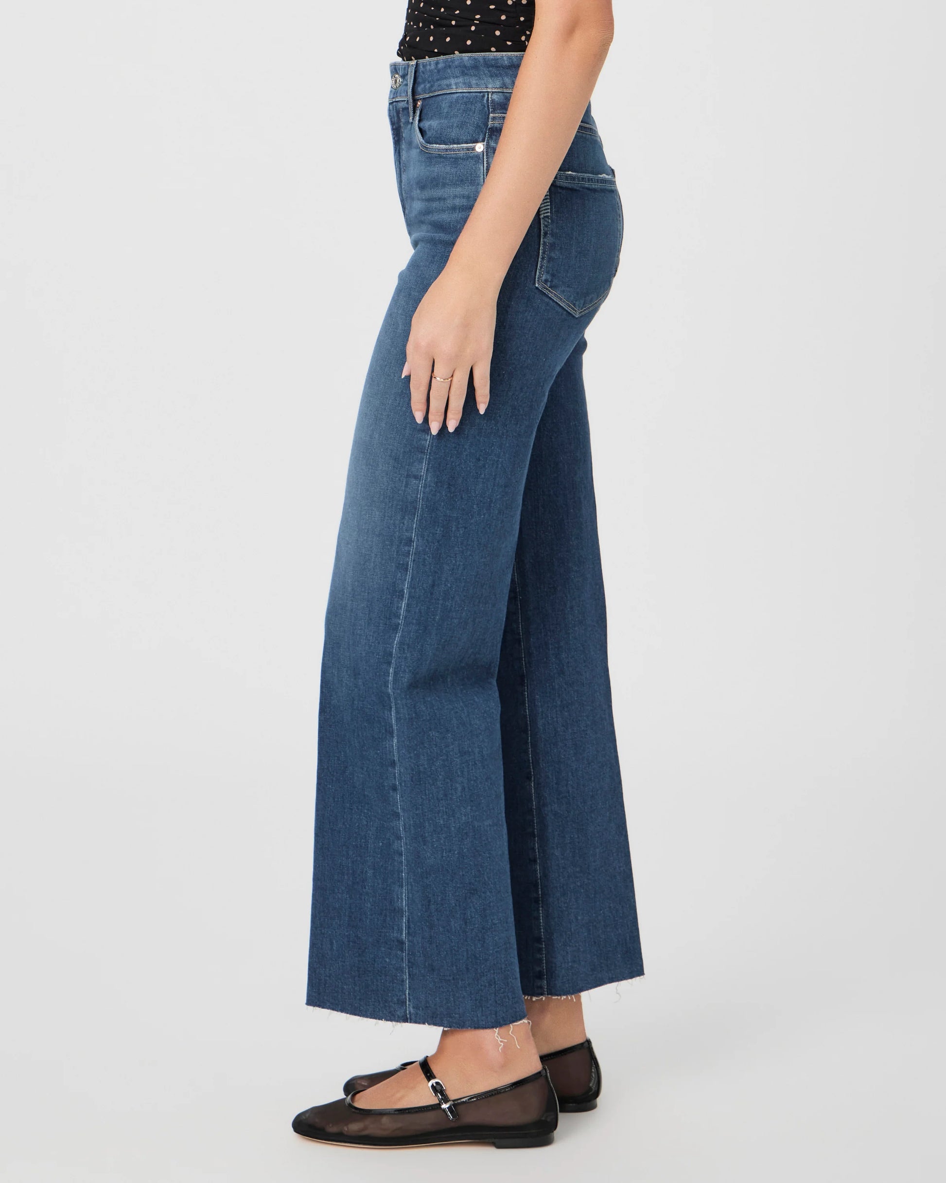 dark aged wash wide leg raw hem jeans side view