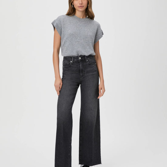 Raw hem straight leg jeans styled with a grey tee