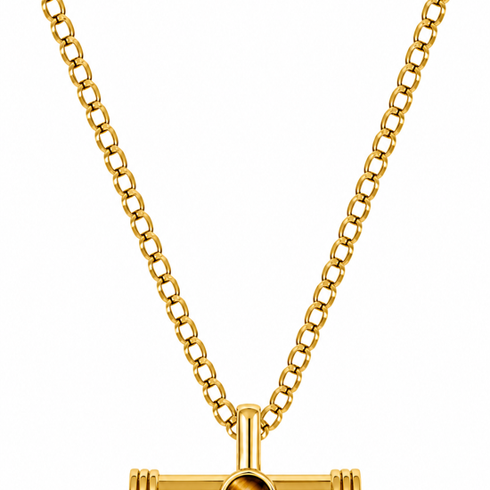 A gold-tone chain necklace with a horizontal bar pendant featuring a central round amber-brown bead, displayed on a clean white background.
