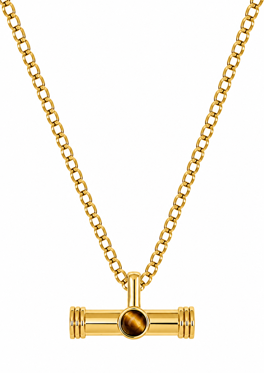A gold-tone chain necklace with a horizontal bar pendant featuring a central round amber-brown bead, displayed on a clean white background.