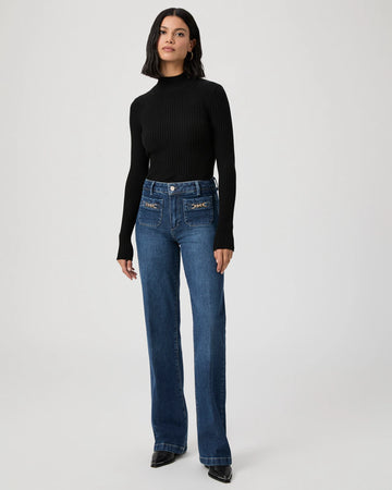 dark blue denim straight leg jeans with 2 front patch pockets with gold buckle detail