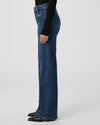 dark blue denim straight leg jeans with 2 front patch pockets with gold buckle detail side view 