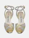 Silver and gold mock-snake platform toeless sandals with ankle strap and block heel