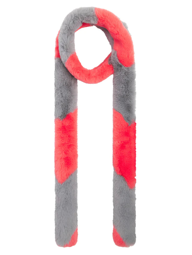 Long and narrow coral and grey faux fur scarf with zig zag design