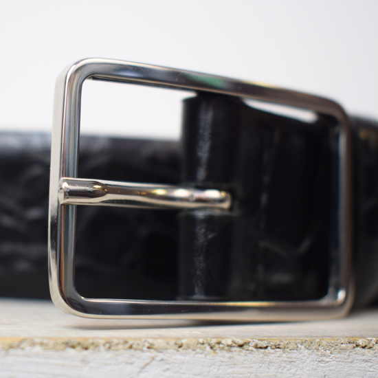 Medium mock croc black leather belt with silver oblong buckle