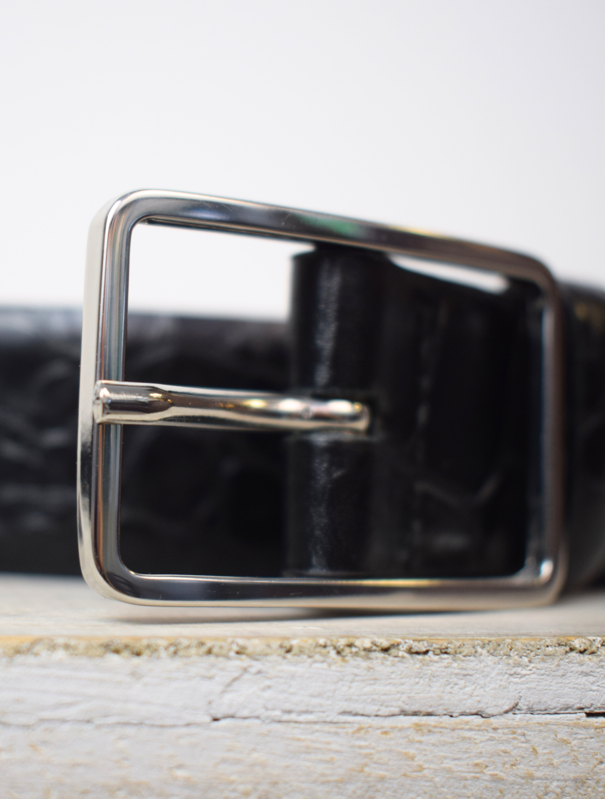 Medium mock croc black leather belt with silver oblong buckle