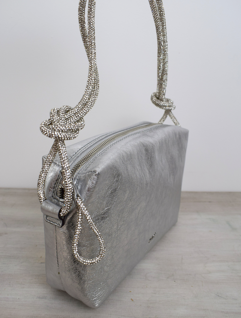 Silver leather bag with knotted sparkly shoulder strap