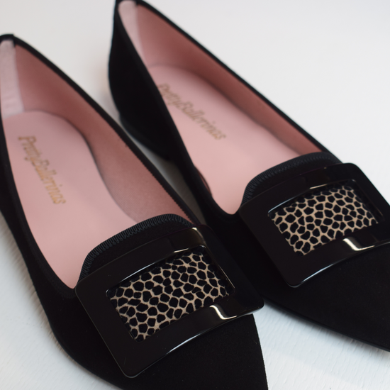 Black suede pointed toe ballet pumps with black buckle with cheetah insert slipper style