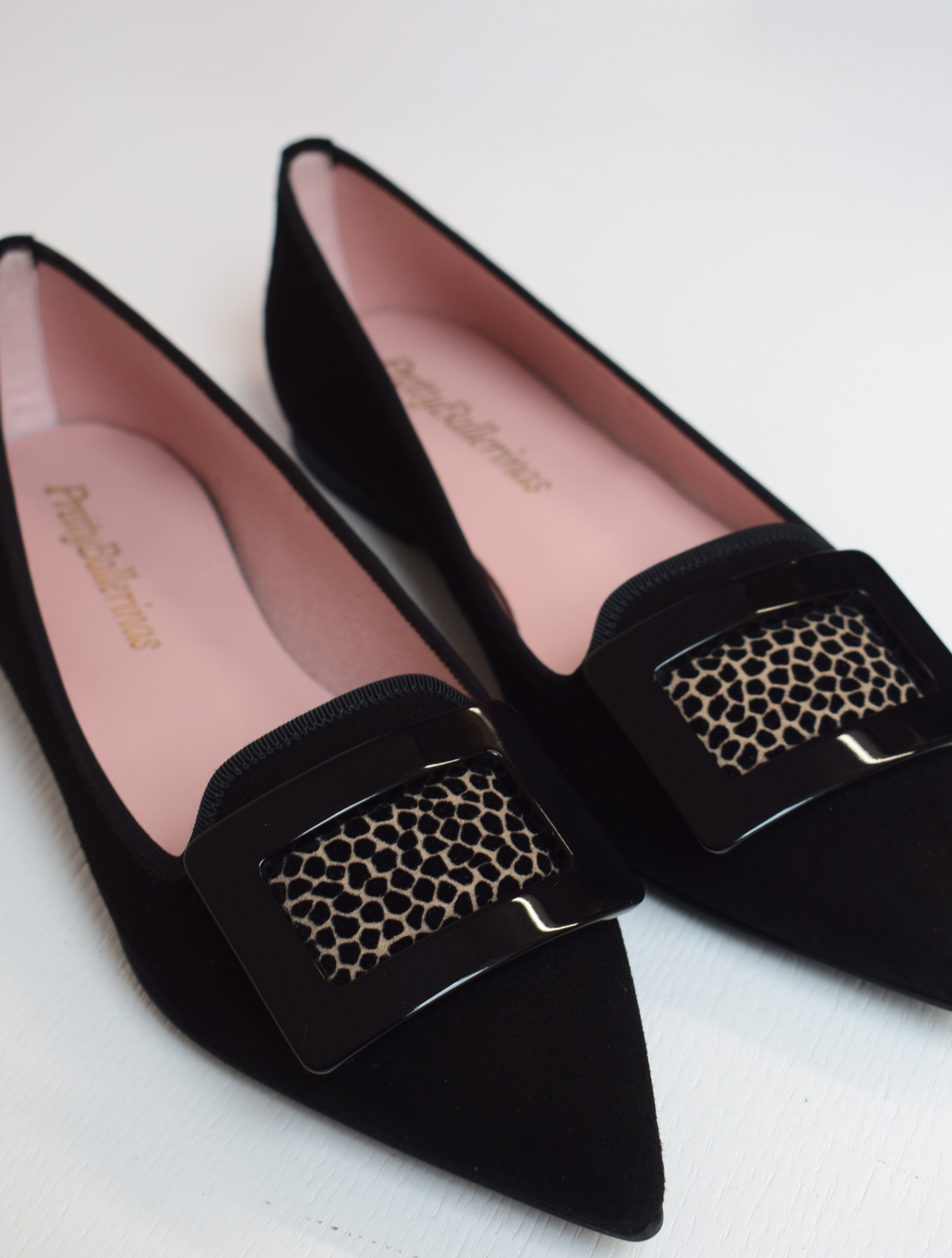 Black suede pointed toe ballet pumps with black buckle with cheetah insert slipper style