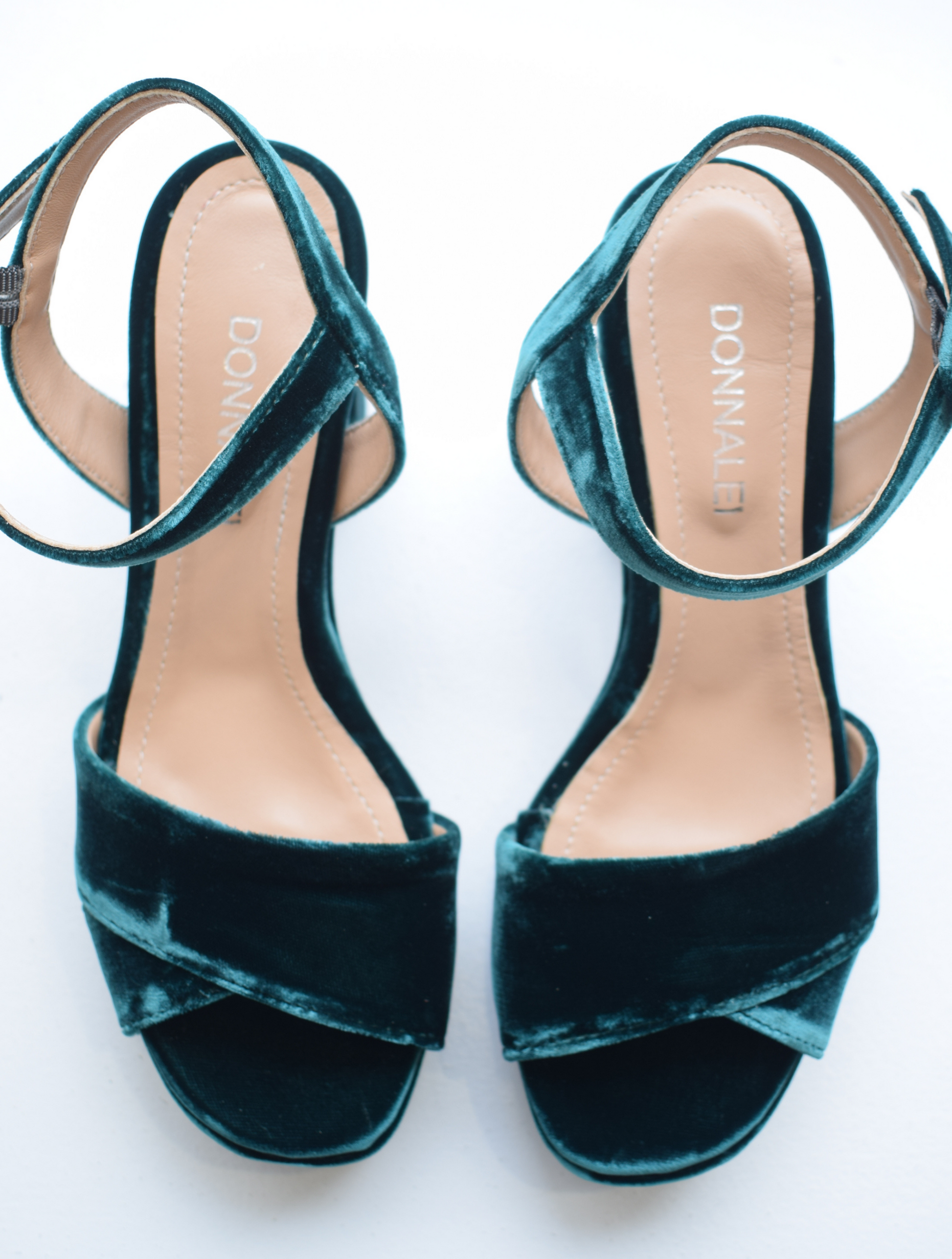 Deep green velvet platform sandals