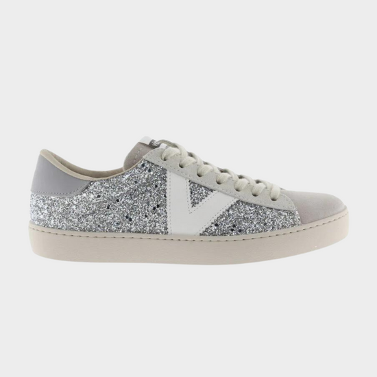 Glitter pumps with suede toe flat rubber sole and contrast white "V" on the outer side and heel tab