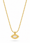 A gold chain necklace with a small oval pendant featuring a clear central stone, displayed against a plain white background.