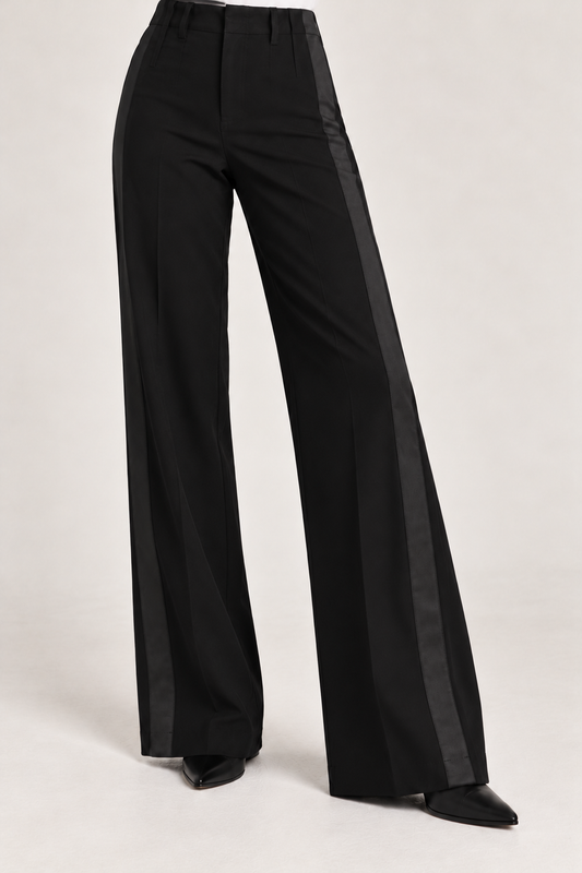 Black wide-leg trousers with dark gray satin side panels, shown on a model from the waist down against a light gray studio background.