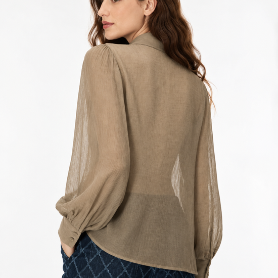 A woman shown from the back wearing a loose, semi-sheer long-sleeve blouse in a taupe-beige color, paired with dark blue patterned trousers, against a plain white studio background.