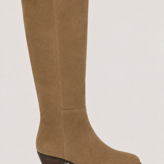 A single knee-high boot in tan suede, shown from a side profile against a light gray background.