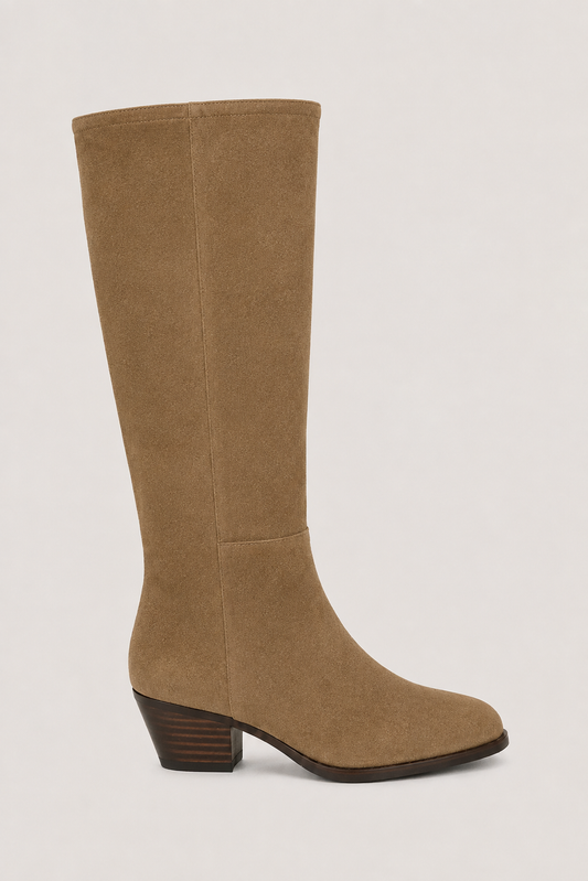 A single knee-high boot in tan suede, shown from a side profile against a light gray background.