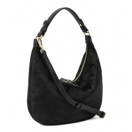A black hobo shoulder bag with a textured finish, featuring a single top handle, a detachable shoulder strap, and gold-tone hardware, shown against a plain white background.