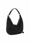 A black hobo shoulder bag with a textured finish, featuring a single top handle, a detachable shoulder strap, and gold-tone hardware, shown against a plain white background.