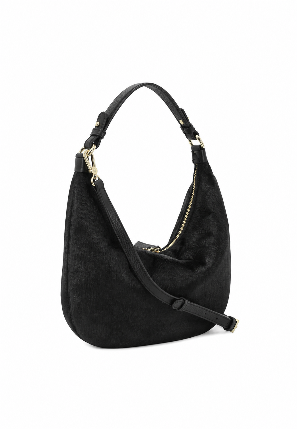 A black hobo shoulder bag with a textured finish, featuring a single top handle, a detachable shoulder strap, and gold-tone hardware, shown against a plain white background.