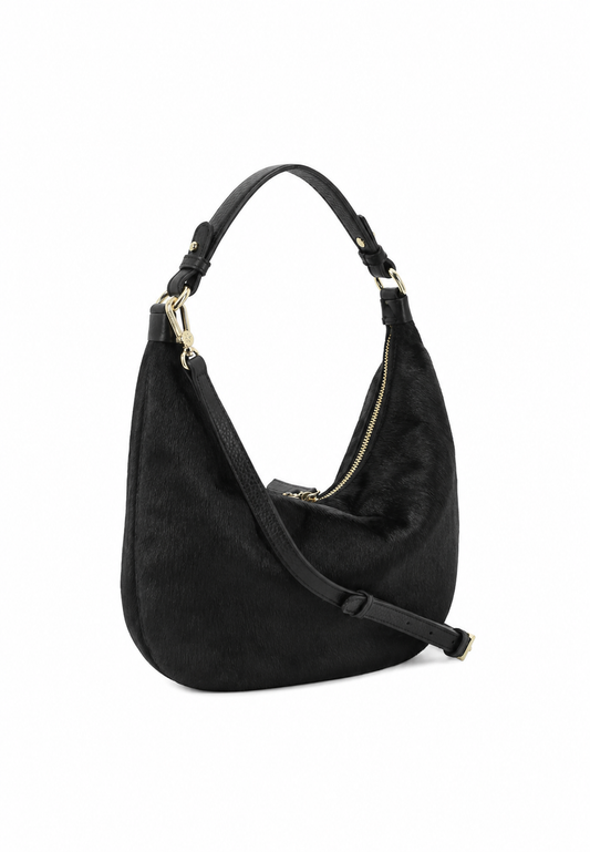 A black hobo shoulder bag with a textured finish, featuring a single top handle, a detachable shoulder strap, and gold-tone hardware, shown against a plain white background.