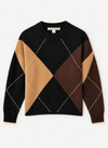 A long-sleeve knit sweater with a diamond argyle pattern in black, tan, and brown, featuring thin white dotted lines forming diagonal diamonds, shown flat on a light gray background.