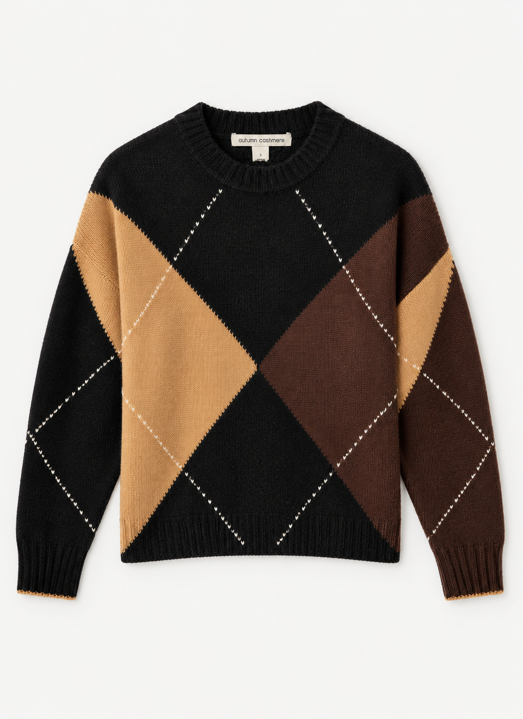 A long-sleeve knit sweater with a diamond argyle pattern in black, tan, and brown, featuring thin white dotted lines forming diagonal diamonds, shown flat on a light gray background.