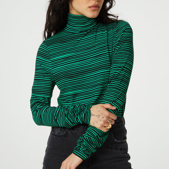 Black and green striped jersey roll neck with long sleeves