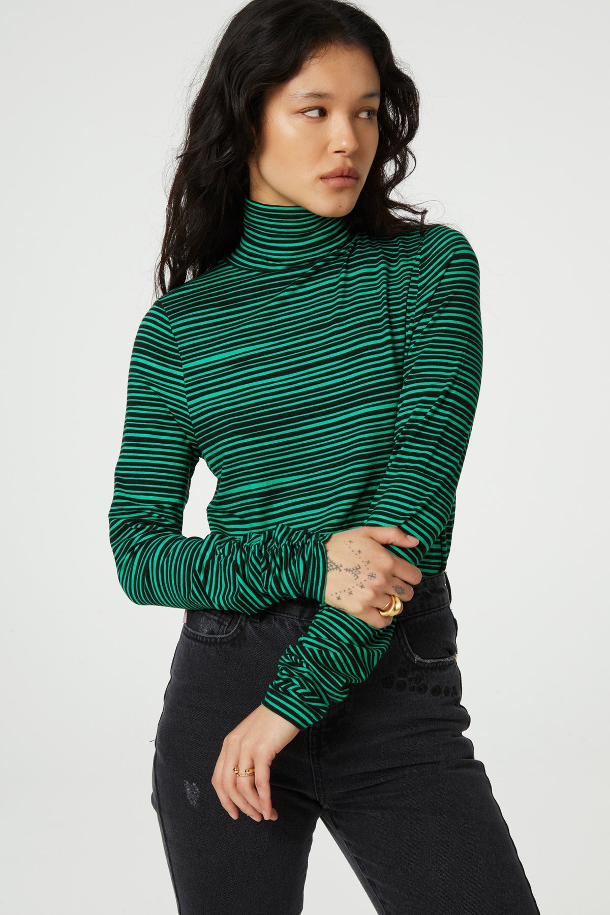 Black and green striped jersey roll neck with long sleeves