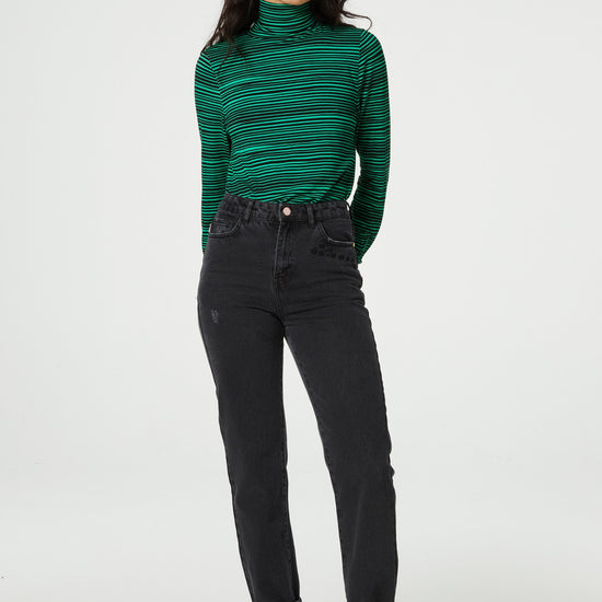 Black and green striped jersey roll neck with long sleeves