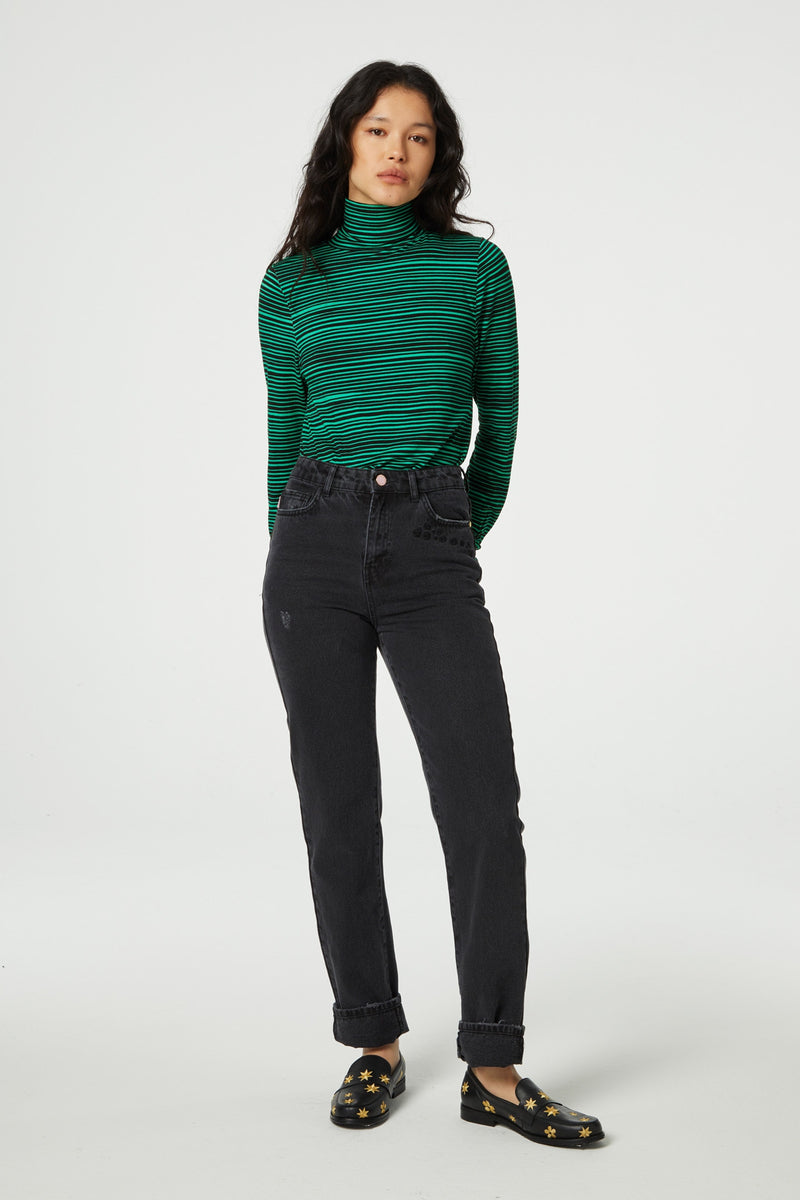 Black and green striped jersey roll neck with long sleeves