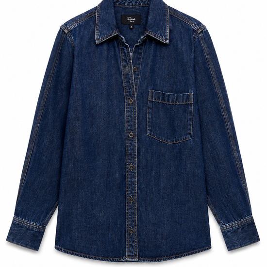 A dark blue denim long-sleeve button-up shirt with a chest pocket, laid flat against a white background.