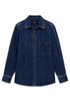 A dark blue denim long-sleeve button-up shirt with a chest pocket, laid flat against a white background.