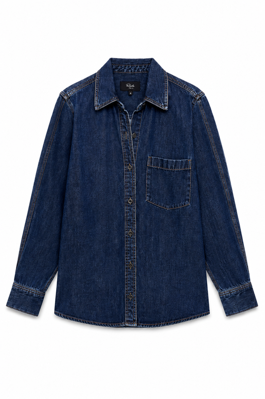 A dark blue denim long-sleeve button-up shirt with a chest pocket, laid flat against a white background.