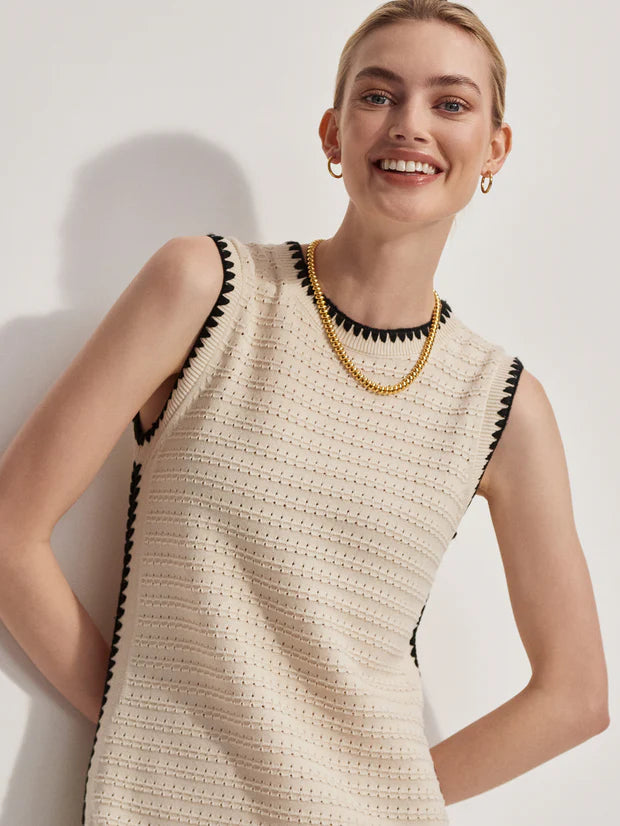 Knitted mid length sleeveless dress with contrast stitch detailing 