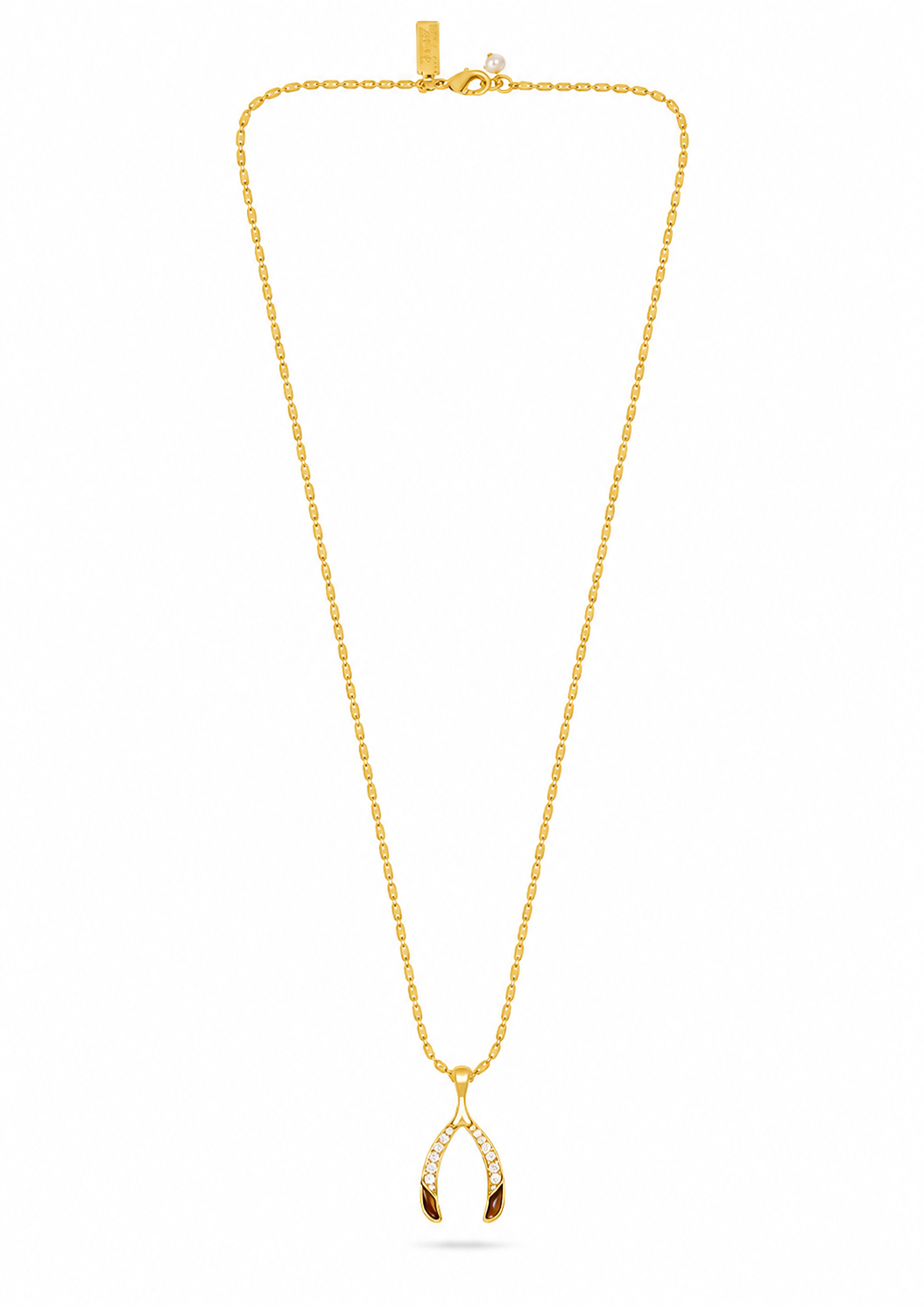 wishbone pendant with tigers eye and cz on a gold chain