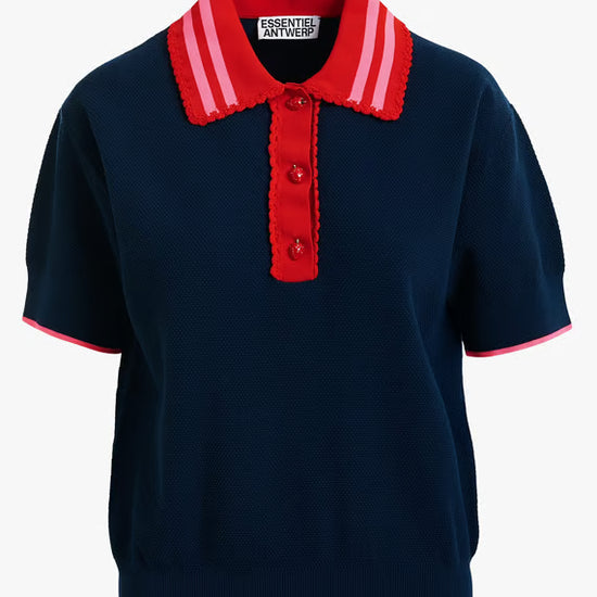 Navy polo shirt with red collar and buttons on a white background