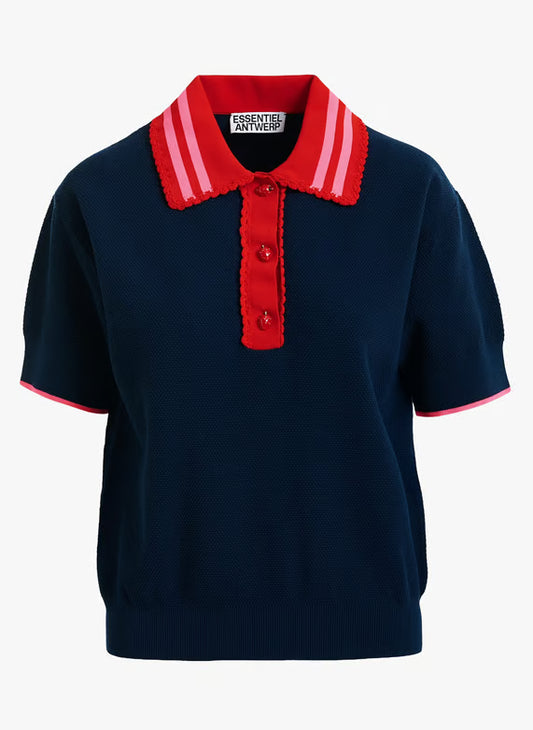 Navy polo shirt with red collar and buttons on a white background