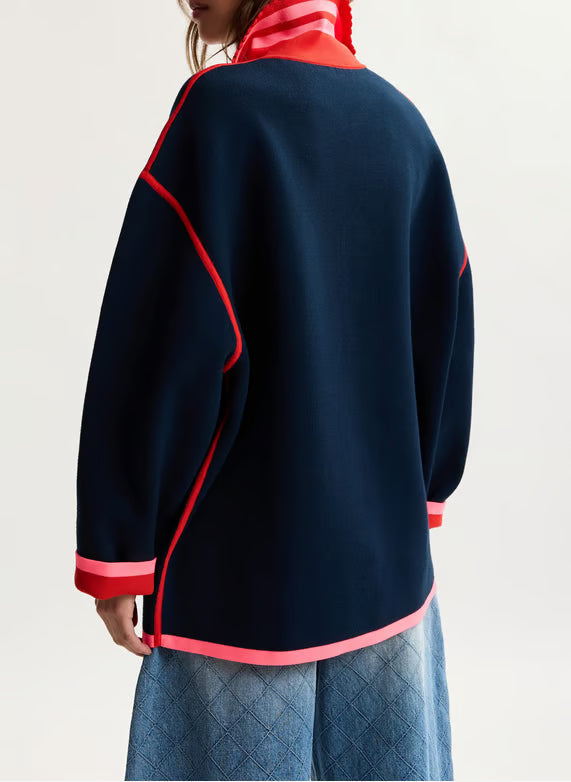 rear shot of model wearing a navy jumper
