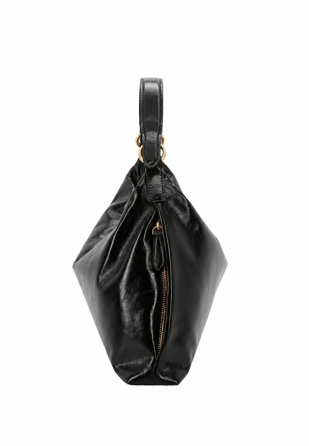 A black leather slouchy hobo handbag with gold-tone hardware and a single shoulder strap, photographed against a plain white background.