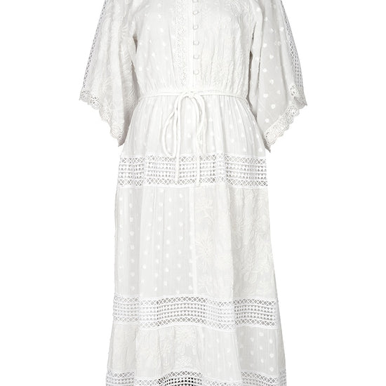 White dress with lace details on a white background