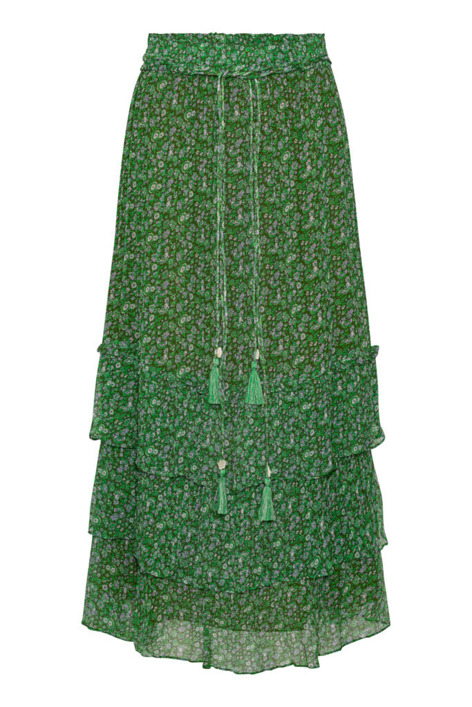 Green floral maxi skirt with triple tiers and tassel details