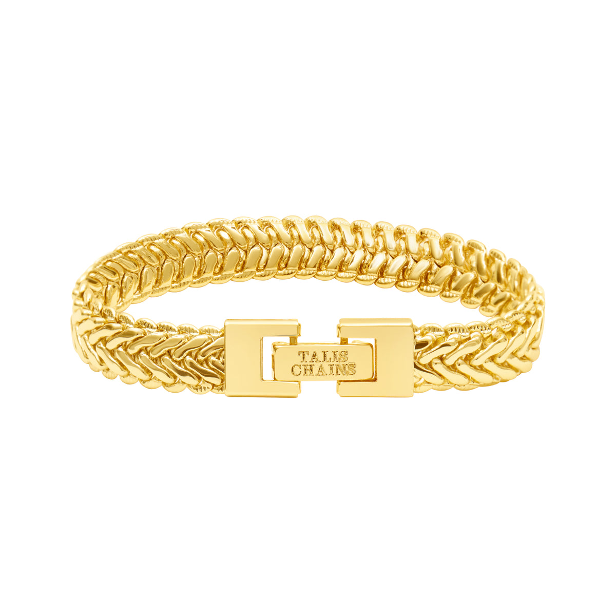 A gold-tone braided chain bracelet with a distinctive H-shaped clasp engraved with the brand name 'TAXIE CHANTUS', shown on a plain white background.